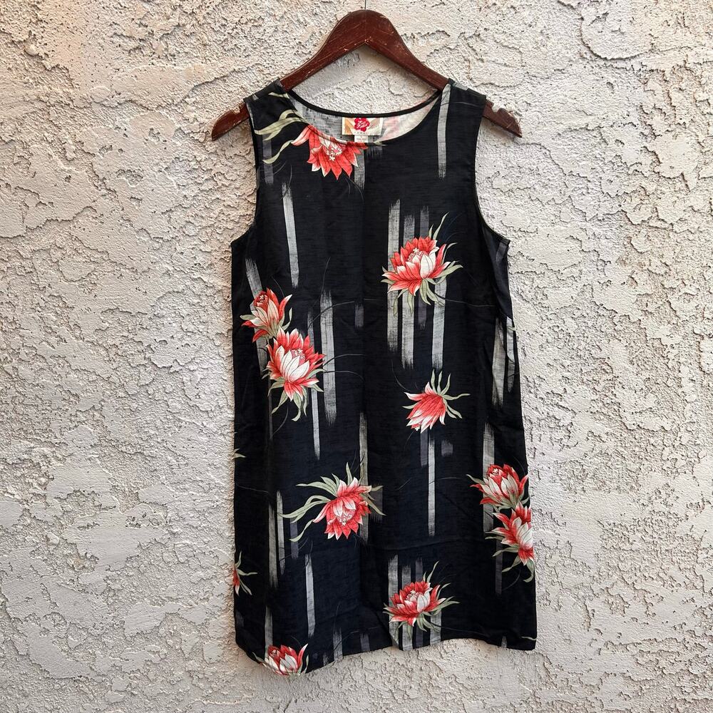 Vintage Hilo Hattie Hawaii Black Floral Silk Dress Size S
